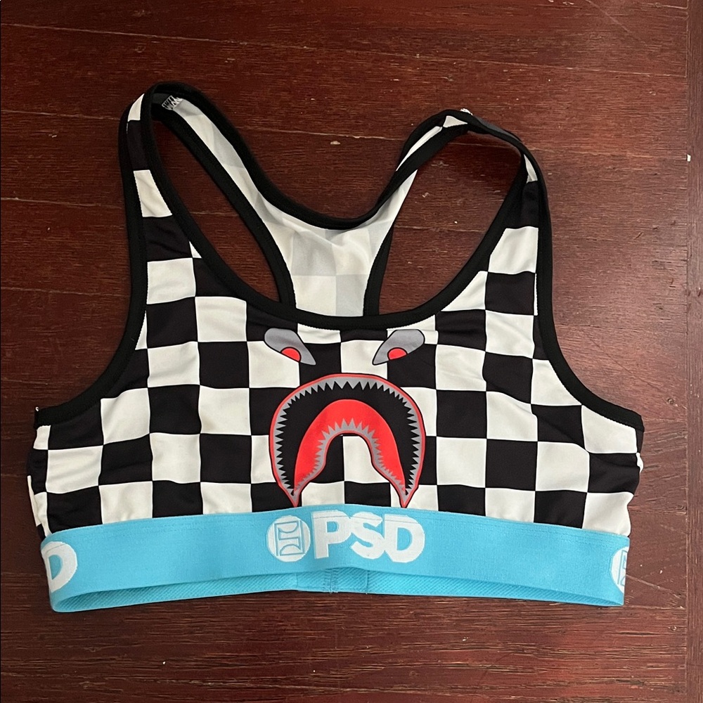 PSD Black and White Checkered Sports Bra with Shark Design